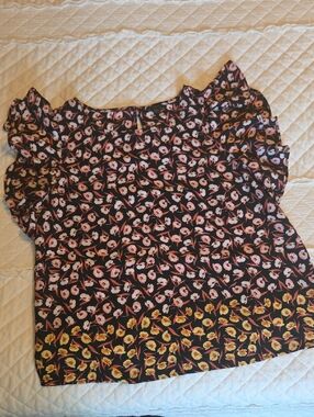 Ann Taylor FactoryBlack Floral Ruffle Sleeve Blouse with Pink and Yellow Flowers